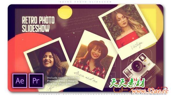 AE模板+PR预设-梦幻朦胧拍立得照片相册片头 Retro Photo Slideshow-天天素材网