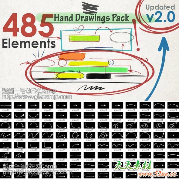 AE模板-485个手绘粉笔箭头路径圆圈数字图形动画+带通道视频素材-天天素材网