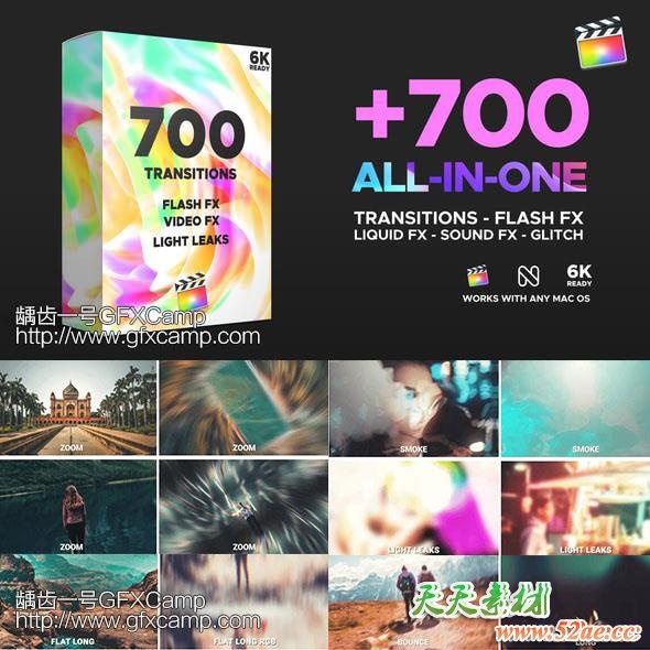 FCPX插件-700组旋转扭曲冲击移动模糊光效摄像机无缝视频转场预设+音效-天天素材网