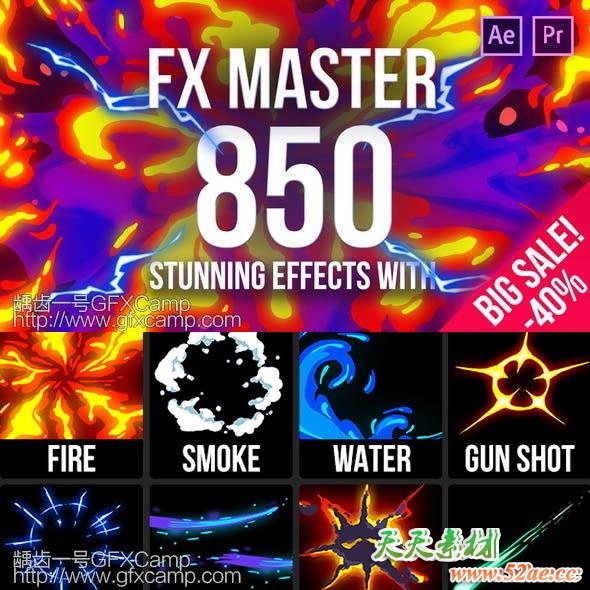 AE/PR脚本预设-850+卡通动漫火焰爆炸水流电流烟雾霓虹灯线条对话框气泡转场魔法特效预设 FX-Master-Cartoon-Action-Elements-天天素材网