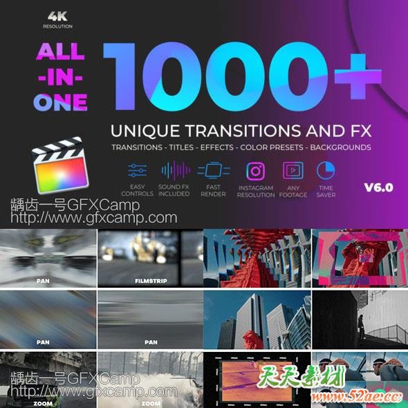 FCPX插件-1000组无缝转场视频特效调色文字标题背景动画预设V6 FCPX插件-1000个拉伸旋转缩放图形水墨光效VHS故障分割转场特效调色标题插件V6-天天素材网