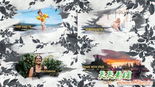 AE模板-水墨笔刷遮罩树叶照片相册片头 Watercolor Slideshow – Floral-天天素材网