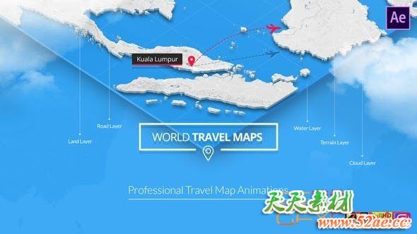 AE模板-地图旅游地点连线动画 World Travel Maps-天天素材网