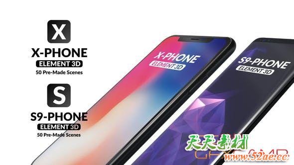 AE模板-E3D iPhoneX苹果三星S9手机APP宣传包装展示动画 X-Phone Promo For Element 3D-天天素材网