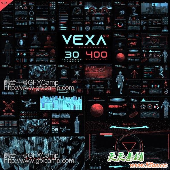 AE模板+PR预设 400+科技感HUD元素场景科幻界面UI动画工具包-天天素材网