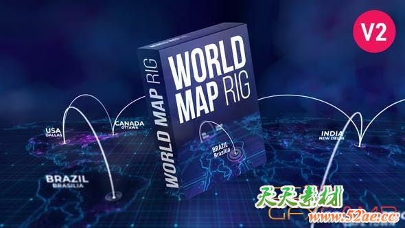 AE模板-科技感世界地图地点连线动画 World Map Rig-天天素材网