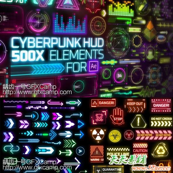 AE脚本-500+未来科幻赛博朋克科技感UI元素动画 Cyberpunk HUD Elements-天天素材网