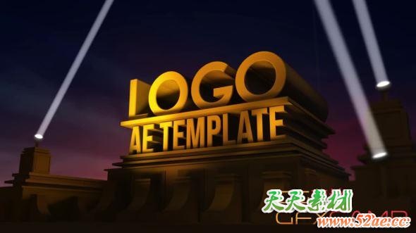 AE模板-仿二十世纪福克斯电影片头Logo动画 3D Logo Movie Premiere With Searchlights-天天素材网