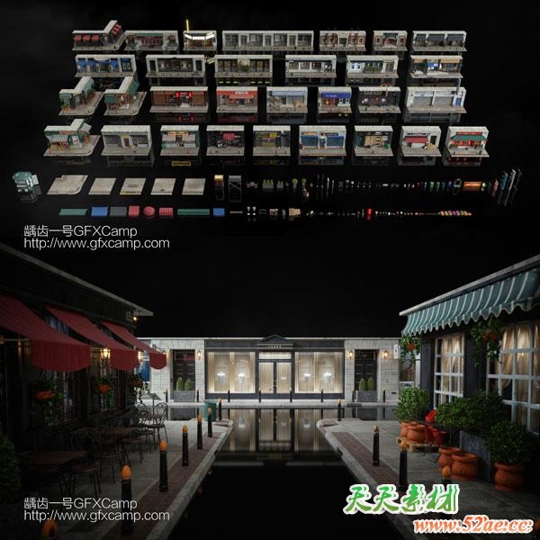 商店楼房建筑街道设施3D模型 C4D/FBX/OBJ/MAX/Maya/Blender/Houdini/Unity/Unreal等-天天素材网