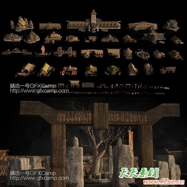 乡村寨子原始部落木屋3D模型 C4D/FBX/OBJ/MAX/Maya/Blender/Houdini/Unity/Unreal等-天天素材网