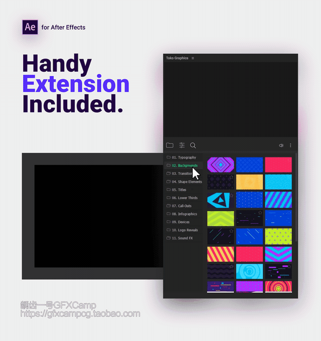 AE脚本+PR预设+FCPX预设-2250+时尚排版商品介绍宣传包装文字标题字幕条Logo动画转场背景元素包 Graphics Pack TOKO V4.1