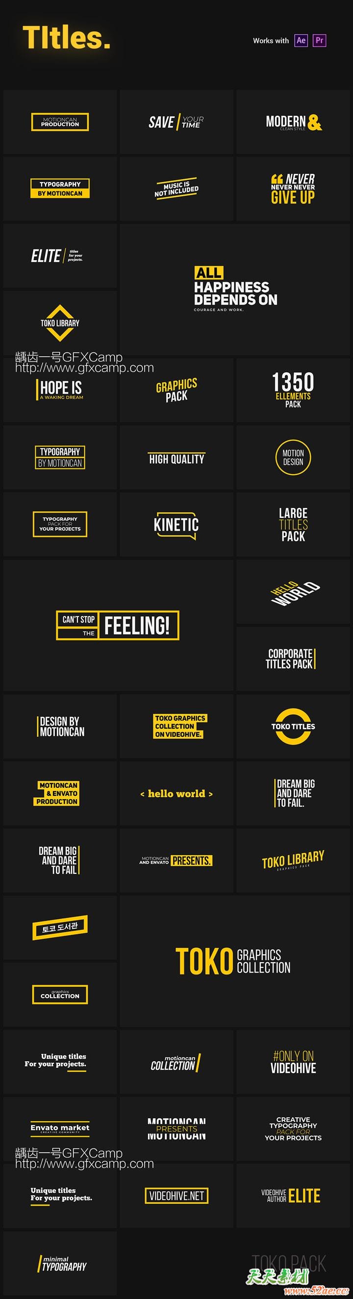 AE脚本+PR预设+FCPX预设-2250+时尚排版商品介绍宣传包装文字标题字幕条Logo动画转场背景元素包 Graphics Pack TOKO V4.1