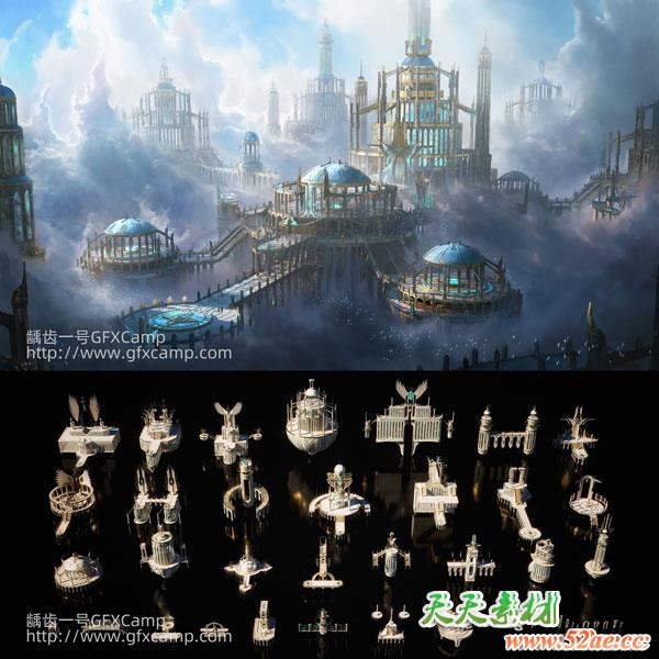 未来奇幻华丽乌托邦城堡建筑楼房3D模型 C4D/FBX/OBJ/MAX/Maya/Blender/Houdini/Unity/Unreal等-天天素材网