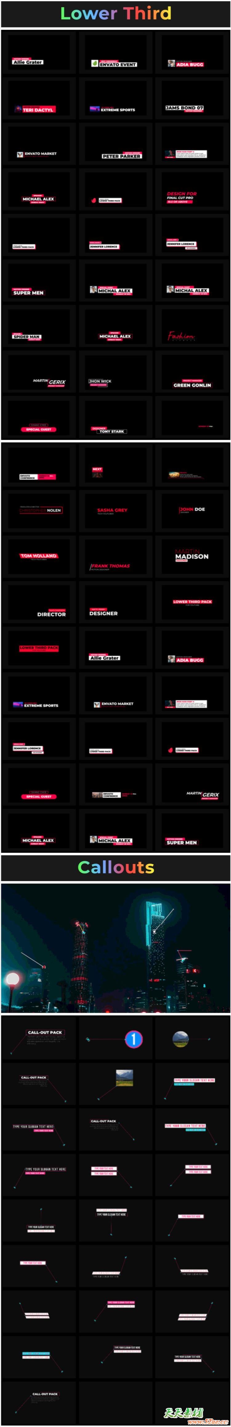 FCPX插件-5000+文字标题排版字幕条指示线LUTS视频调色无缝转场包