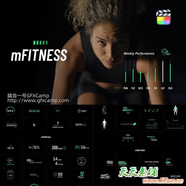 FCPX插件-体育运动健身数据倒计时文字标题字幕图标动画预设 mFitness-天天素材网