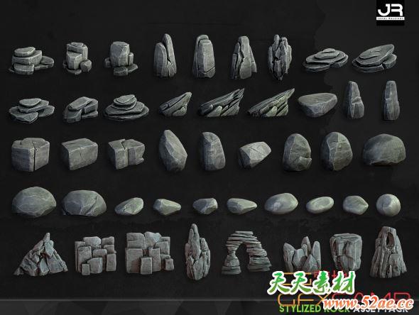 45个石头3D模型 CGTrader – 45 Stylized Rock Asset Pack Low-Poly 3D Model (OBJ格式)-天天素材网
