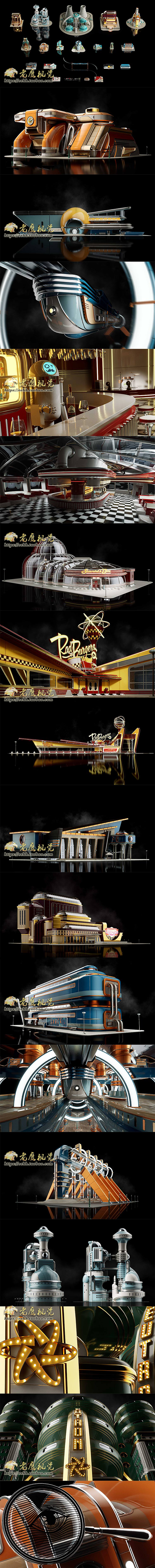 原子朋克乌托邦未来世界机器人智能楼房城市场景3D模型 Blender/FBX/OBJ/MAX/UE-天天素材网