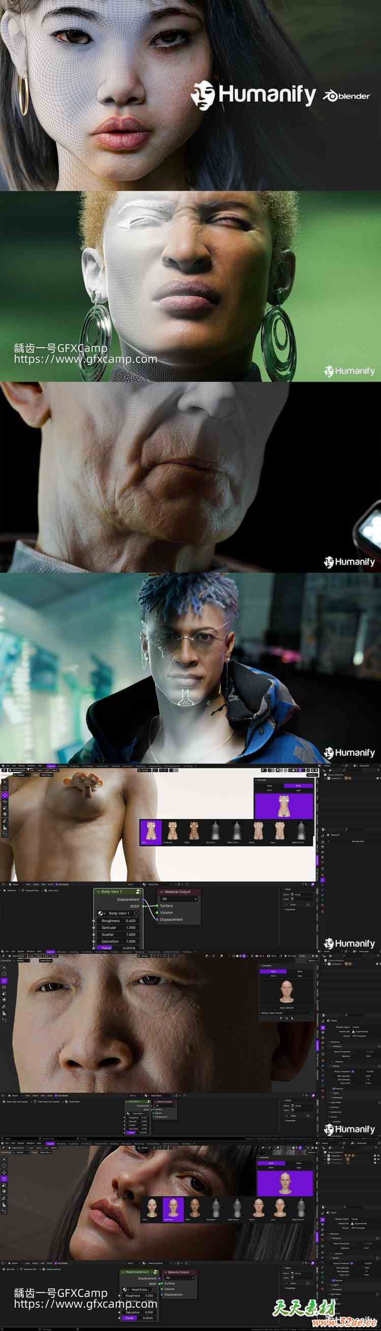 Blender一键生成真实人体面部身体手脚皮肤着色器插件预设 Humanify V3.0 + 视频教程+24个真实人物3D模型 Hyper Realistic Scenes
