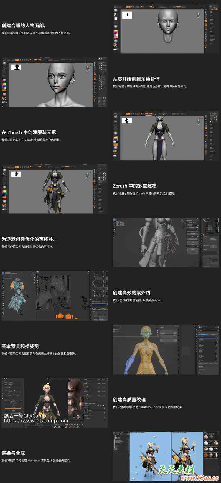 Blender+ZBrush+SP+八猴风格化游戏角色人物建模贴图烘焙渲染造型全流程教程 中文/英文字幕
