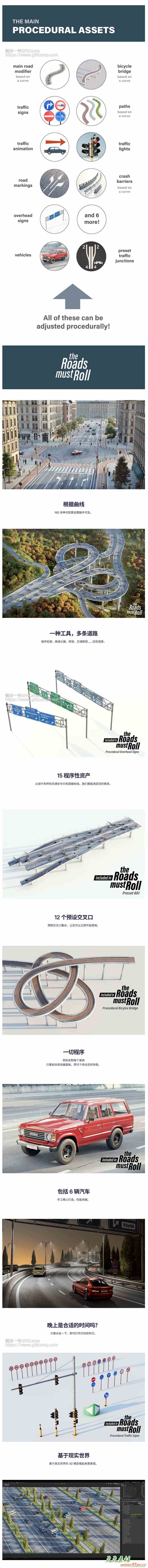 Blender道路马路桥梁信号红路灯指示牌生成器资产预设 The Roads Must Roll + 中文字幕教程