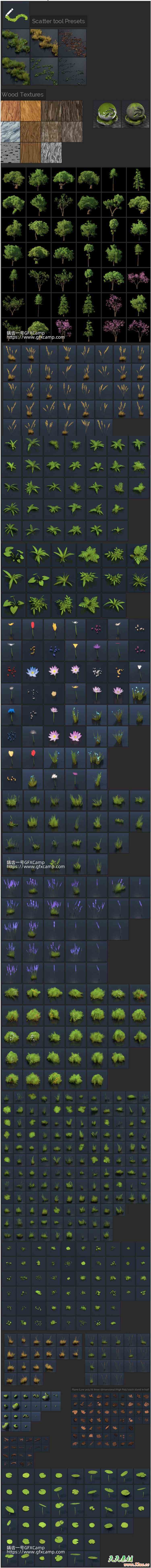 Blender 500+艺术卡通动漫风格化植物花草树木插件资产预设 Stylized Trees And Plants Tree Library – Flora Paint V1.2