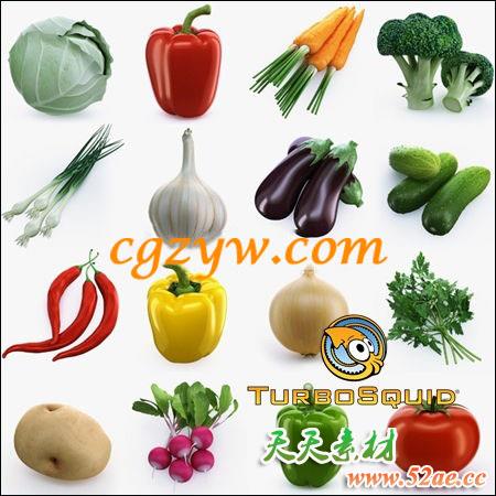 14种蔬菜C4D模型 TurboSquid – Collection of Vegetables-天天素材网
