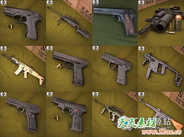 武器手枪步枪冲锋枪C4D/Max/OBJ 3D模型合集Weapons Pack-天天素材网