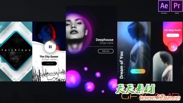 AE模板+PR预设-动感音乐竖屏包装展示 Instagram Unique Music Stories-天天素材网