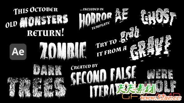 AE模板-黑白复古恐怖文字标题动画 Monsters – Retro Horror Titles-天天素材网