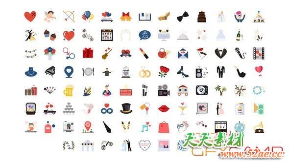 AE模板-100组浪漫爱情婚礼图标动画 100 Wedding Icons-天天素材网