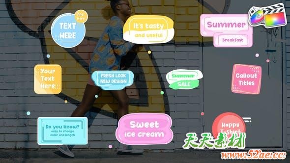 FCPX插件-20个二维卡通可爱弹窗气泡对话框文字标题MG动画 Cartoon Callout Titles & Colorful Summer Titles-天天素材网