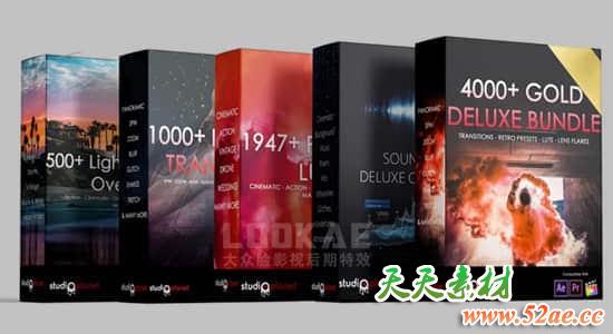 4000组超值豪华包转场模板插件LUTS调色预设音效炫光VHS特效视频叠加素材 4000+ Gold Deluxe Bundle Collection-天天素材网