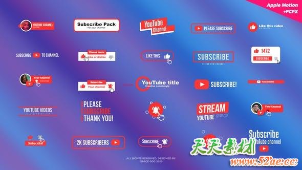 FCPX插件-32个视频社交平台点赞关注订阅文字标题动画 Subscribe Titles Pack-天天素材网