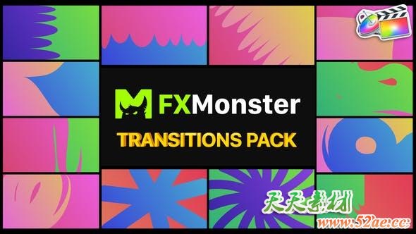 FCPX转场插件-12种二维卡通彩色渐变图形遮罩转场过渡 Colorful Transitions-天天素材网