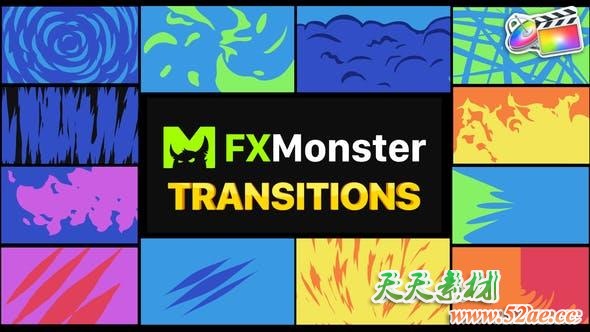 FCPX转场插件-12种二维卡通图形遮罩转场过渡 Stylish Transitions-天天素材网