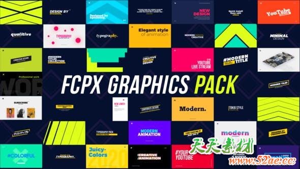 FCPX插件-60种时尚流行动态图形设计转场文字标题动画 Motion Graphics Pack-天天素材网