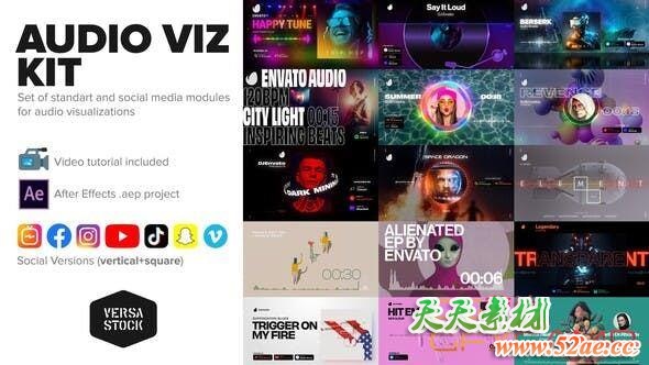 AE模板-时尚科技感音乐波形播放器动画 Audio Visualization Social Media Kit-天天素材网