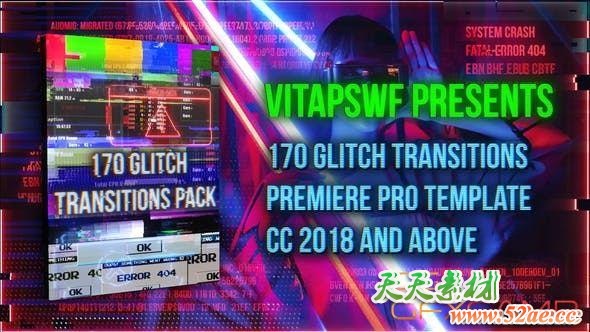 PR模板-信号损坏画面撕裂视频转场 170 Glitch Transitions Pack-天天素材网