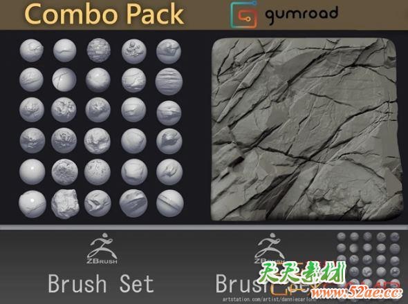 ZBrush自定义石头岩石笔刷预设 Gumroad – Custom Zbrush Brush Combo Pack-天天素材网