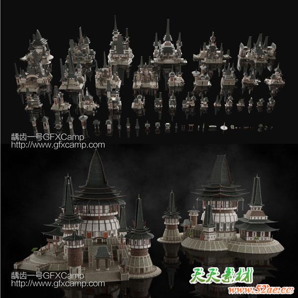东方神秘村庄神庙建筑楼房3D模型 C4D/3DS MAX/FBX/OBJ/Maya/Blender/Houdini/Unity/Unreal格式-天天素材网