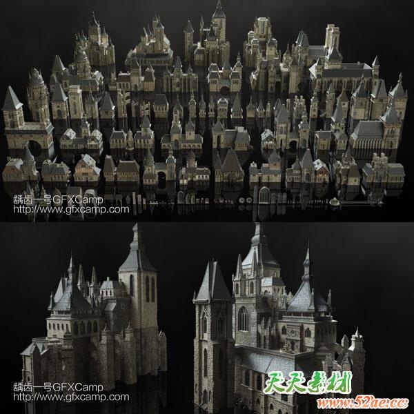 古典神秘黑暗城堡建筑楼房3D模型 C4D/MAX/FBX/OBJ/Maya/Blender等-天天素材网