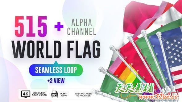 515组旗帜国旗飘动带通道视频素材 Seamless Loop Of World Flags Footages Pack + Alpha-天天素材网