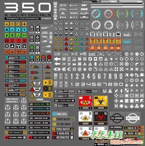 科幻元素指示贴纸素材包 Gumroad – 350 Sci-Fi decal pack-天天素材网