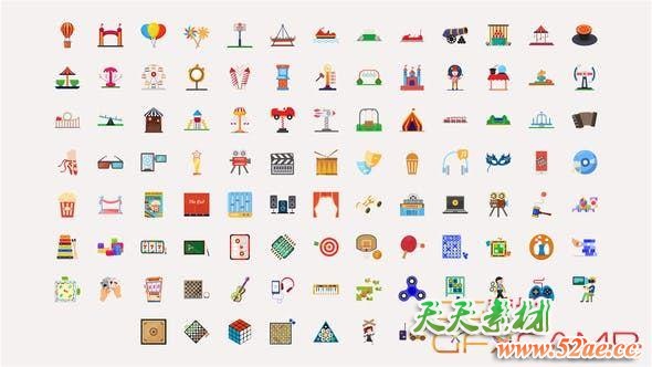 AE模板-100组日常生活图标动画 100 Fun Activities Icons-天天素材网