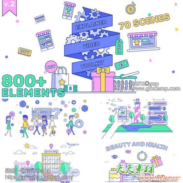 AE模板-800+现代时尚线条MG动画人物角色场景介绍片头元素包V2-天天素材网