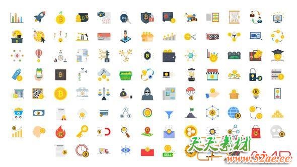 AE模板-100组数据金融图标动画 100 Crypto Currency Icons-天天素材网