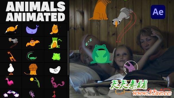 AE模板-卡通可爱动物贴纸动画 Animals Animated Stickers Pack-天天素材网