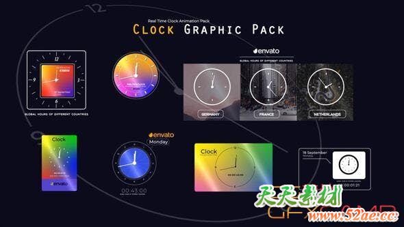 AE模板-时钟计时动画 Real Time Clock Animation Pack-天天素材网