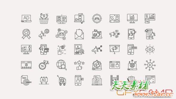 AE模板-40组线条网络互联网图表动画 Digital Marketing Line Icons-天天素材网