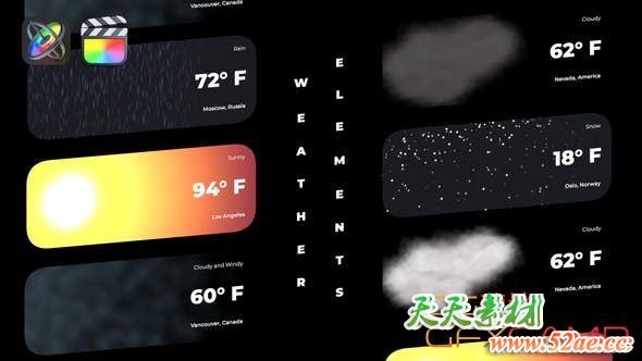 FCPX插件-天气预报图标元素动画 Weather Elements-天天素材网